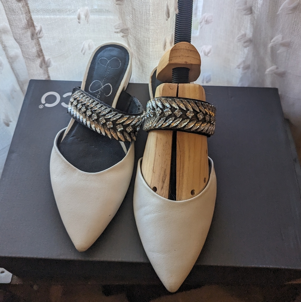 Jessica Simpson white leather embellished point toe slide sandals